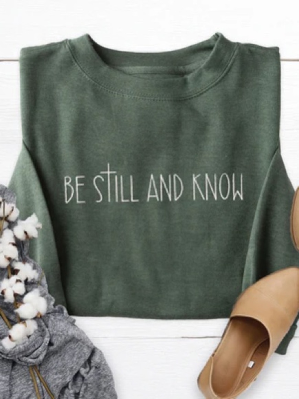 Be Still and Know Embroidered Crewneck Sweatshirt- Heather Forest